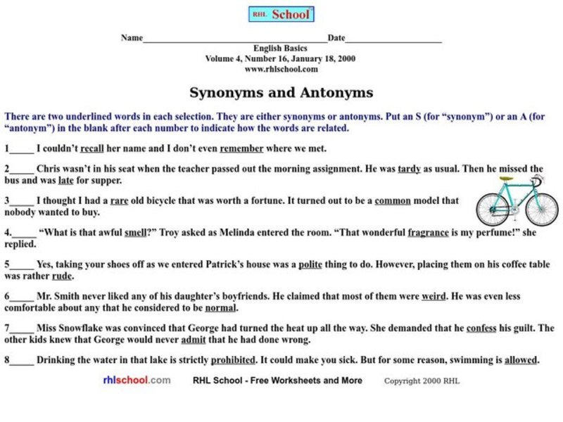 Synonyms and Antonyms Worksheet