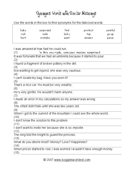 Synonyms: Words with Similar Meanings Worksheet