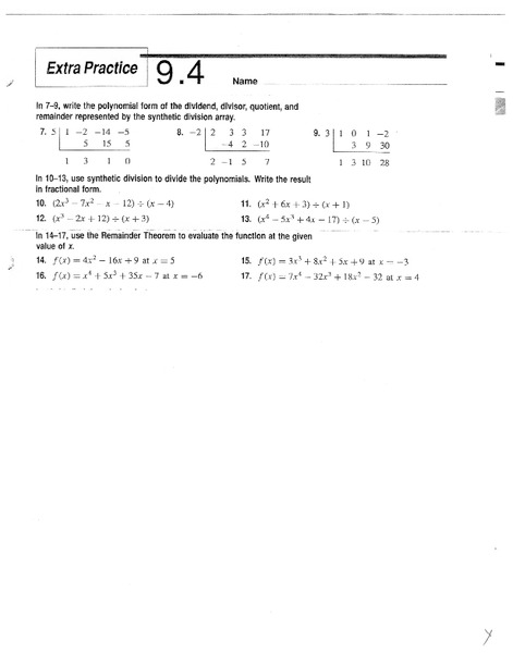 Synthetic Division Worksheet