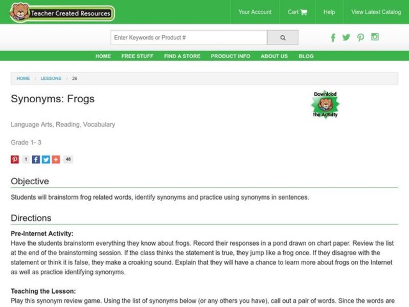 Synonyms: Frogs Lesson Plan