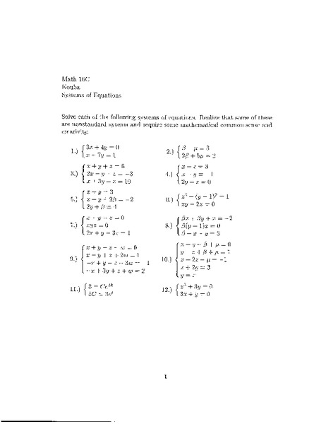 Systems of Equations Worksheet