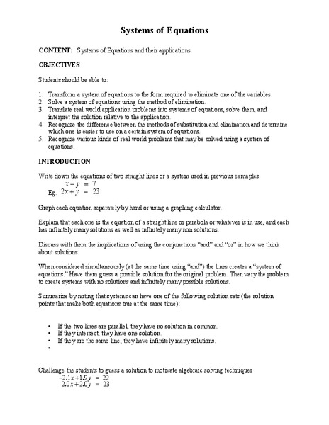 Systems of Equations Lesson Plan