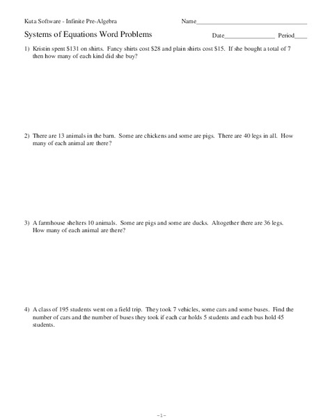 Systems of Equations Word Problems Worksheet