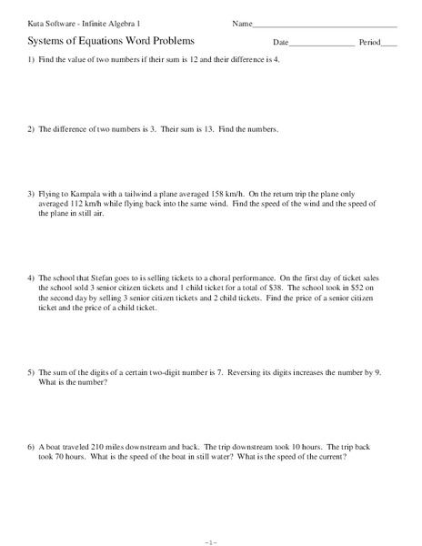 Systems of Equations Word Problems Worksheet