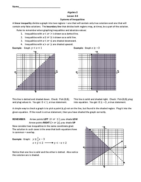 Systems of Inequalities Worksheet