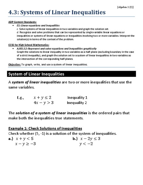Systems of Linear Inequalities Worksheet
