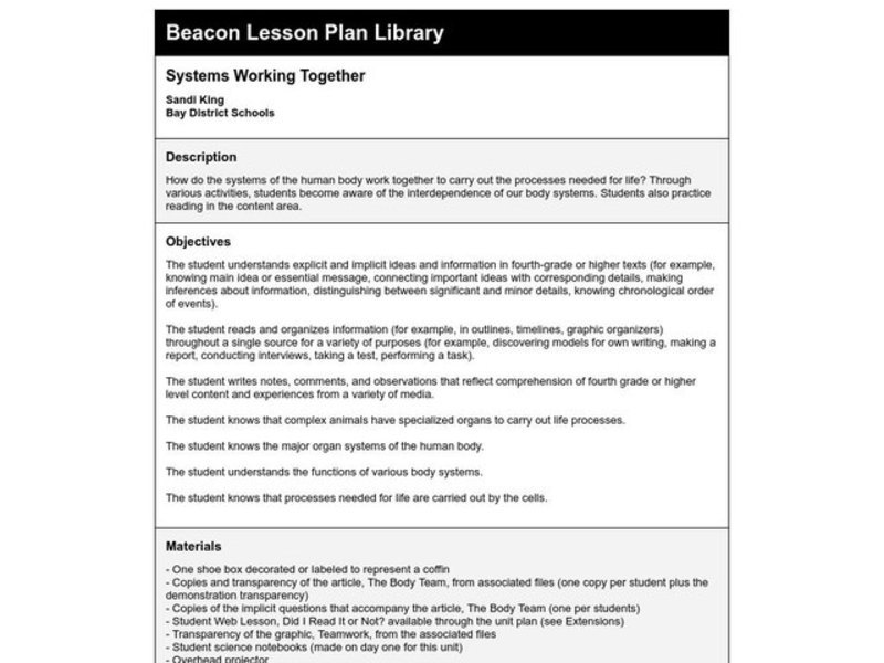 Systems Working Together Lesson Plan