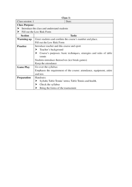 Table Tennis Lesson Plan