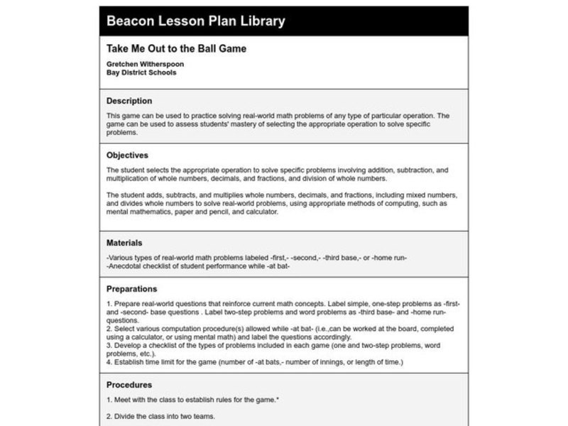 Take Me Out to the Ball Game Lesson Plan