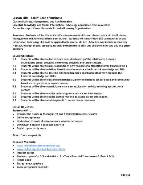 Taking Care of Business  Lesson Plan