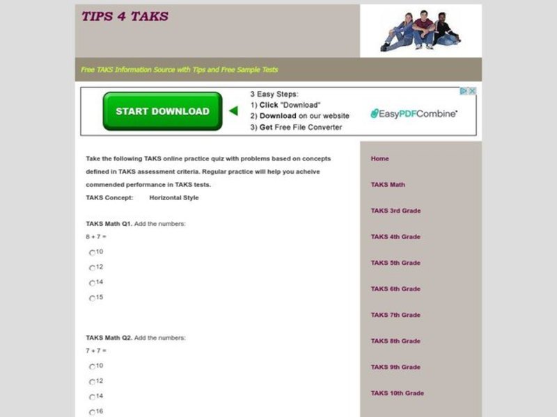 TAKS Math Quiz-Horizontal Addition Interactive