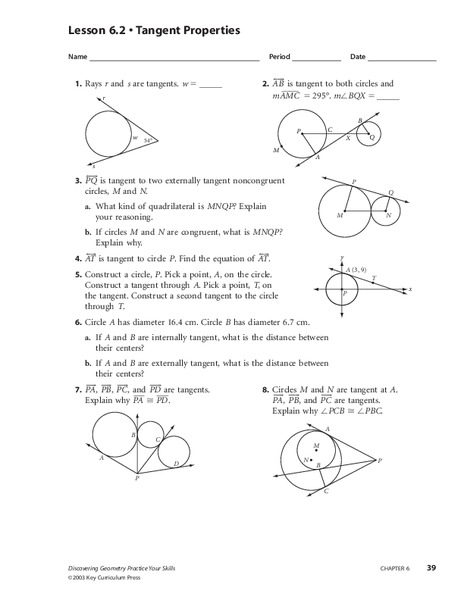 Tangent Properties Worksheet