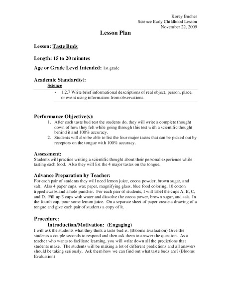 Taste Buds Lesson Plan