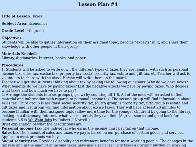Taxes Lesson Plan