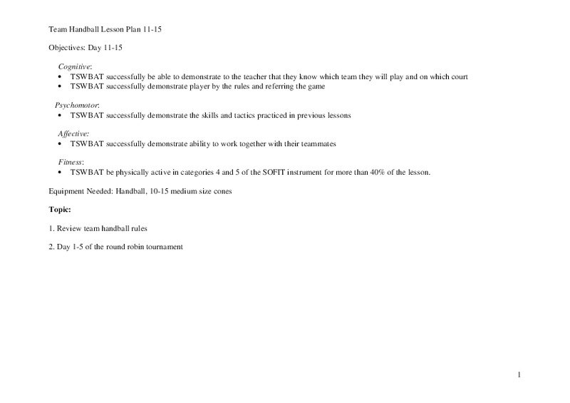 Team Handball Lesson Plan