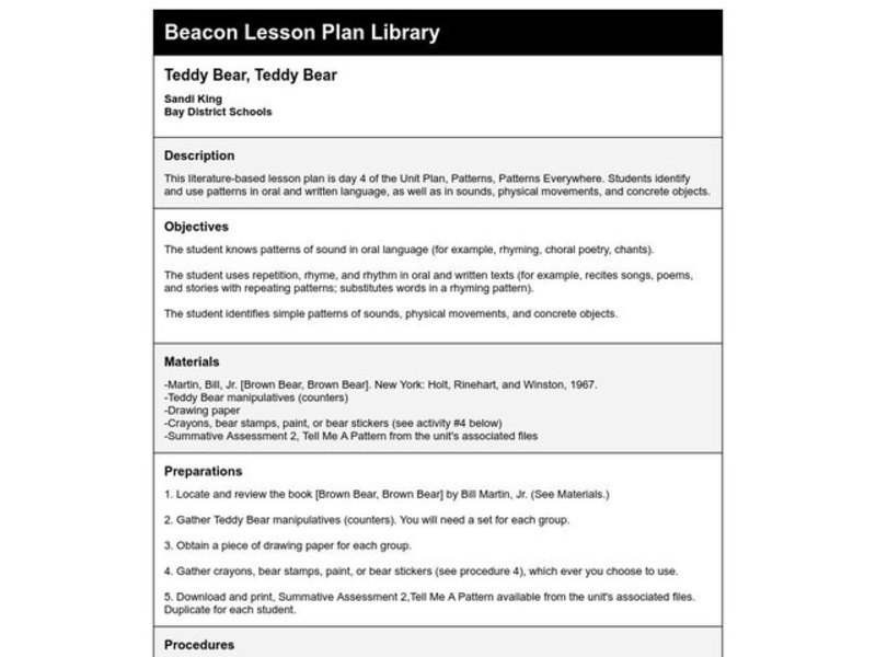 Teddy Bear, Teddy Bear Lesson Plan