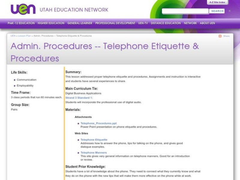 Telephone Etiquette & Procedures Lesson Plan