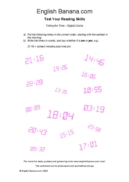 Telling the Time: Digital Clocks Worksheet