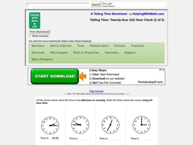 Telling Time Worksheet