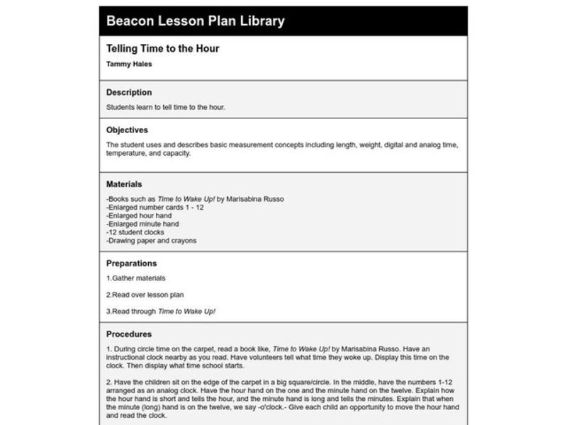 Telling Time to the Hour Lesson Plan