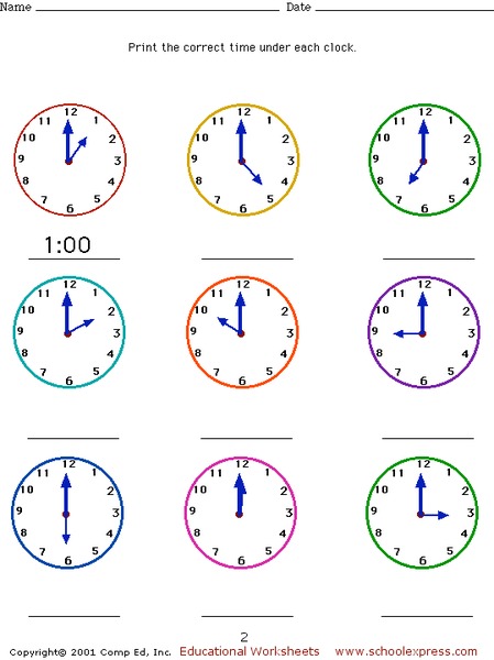 Telling Time to the Hour Worksheet