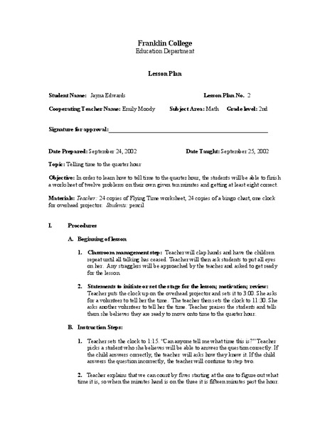 Telling time to the quarter hour Lesson Plan