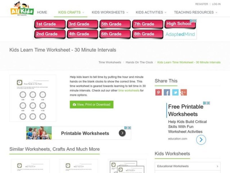 Telling Time Worksheet: Draw Hands on the Clock Worksheet