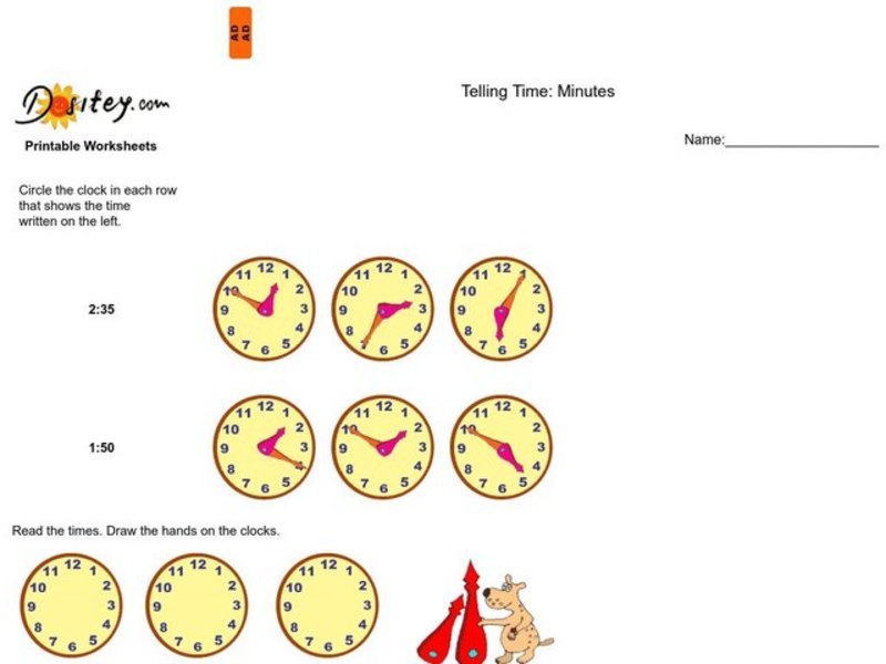 Telling Time:  Minutes Worksheet