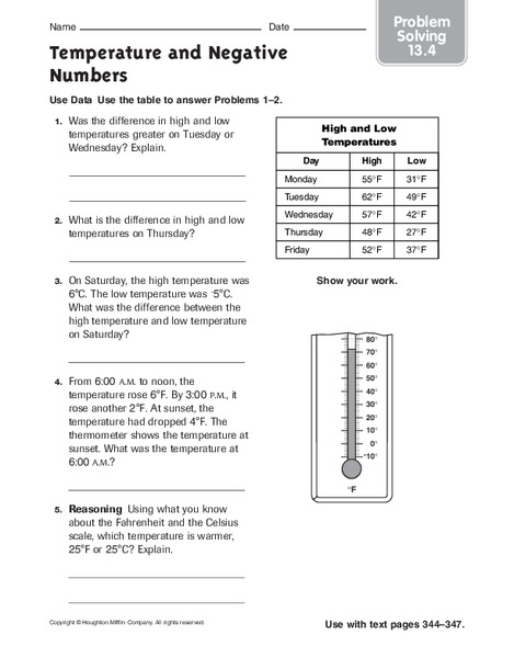 Temperature and Negative Numbers Worksheet