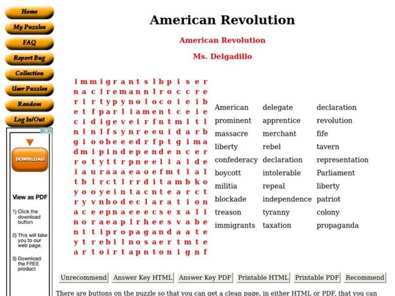 American Revolution Puzzle Worksheet
