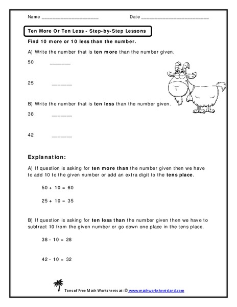 Ten More or Ten Less Worksheet