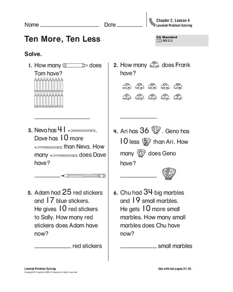 Ten More, Ten Less Worksheet