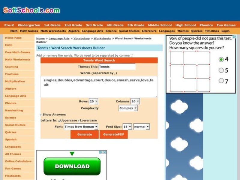 Tennis Word Search Worksheet
