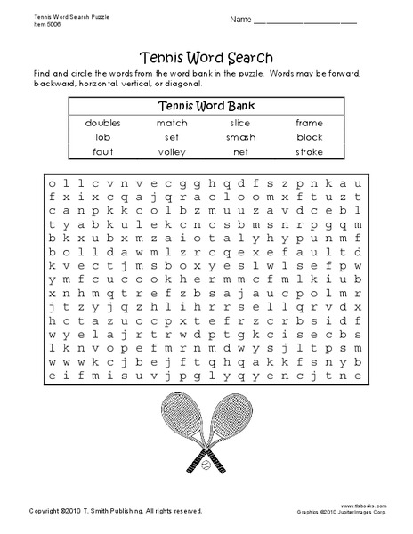 Tennis Word Search Worksheet