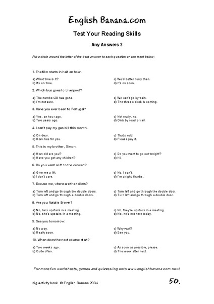 Test Your Reading Skills-- Any Answers 3 Lesson Plan