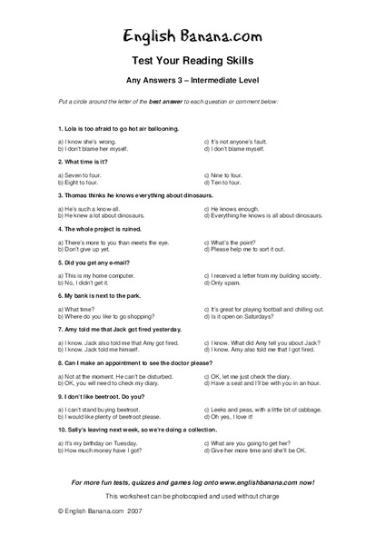 Test Your Reading Skills-- Any Answers 3 Worksheet