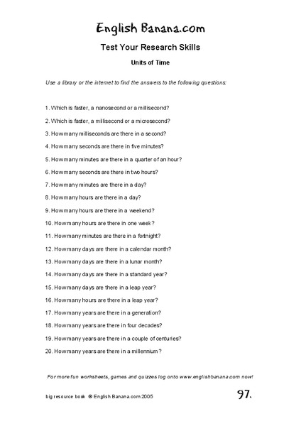 Test Your Research Skills - Units of Time Worksheet