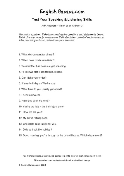 Test Your Speaking & Listening Skills Worksheet