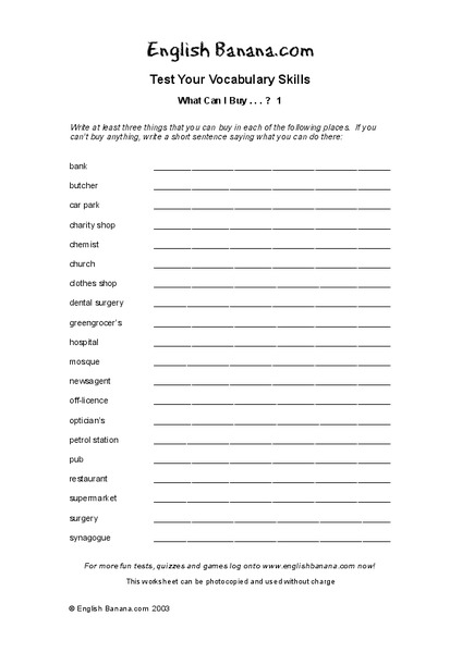 Test Your Vocabulary Skills:  What Can I Buy? Worksheet