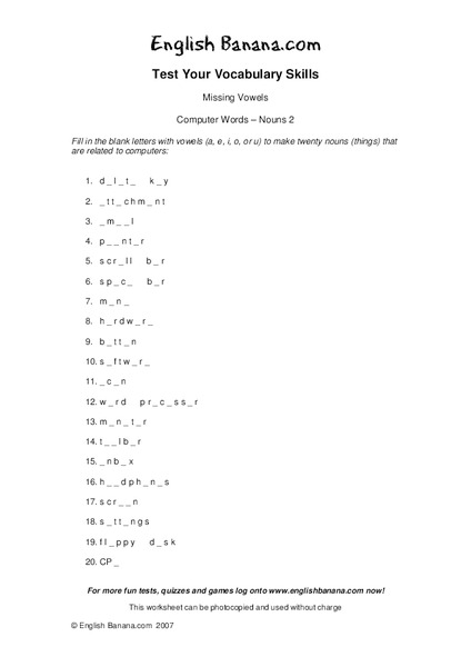 Test Your Vocabulary Skills: Missing Vowels Worksheet