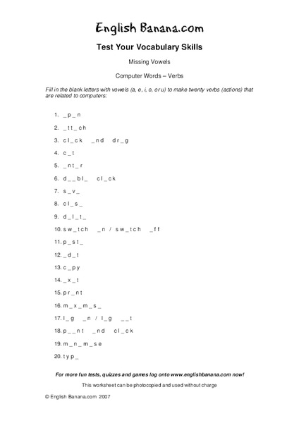 Test Your Vocabulary Skills: Missing Vowels Worksheet