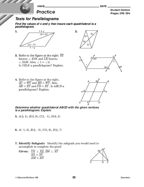 Tests for Parallelograms Worksheet
