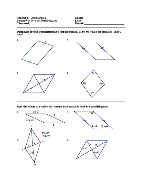 Tests for Parallelograms Worksheet
