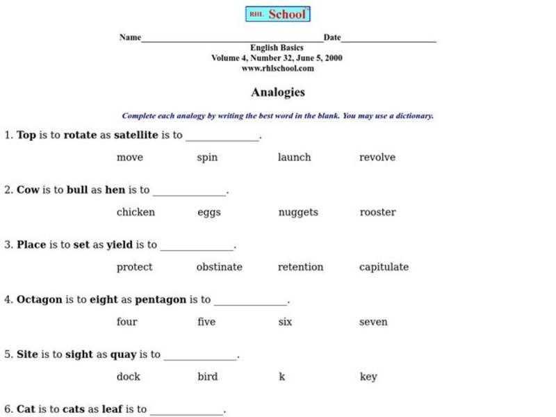 Analogies Worksheet