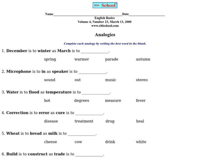 Analogies Worksheet