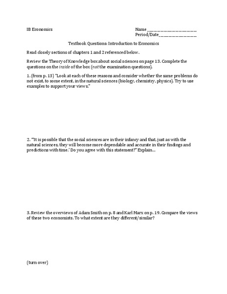 Textbook Questions: Introduction to Economics Worksheet
