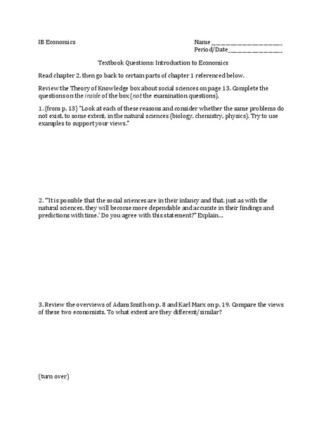 Textbook Questions: Introduction to Economics Worksheet