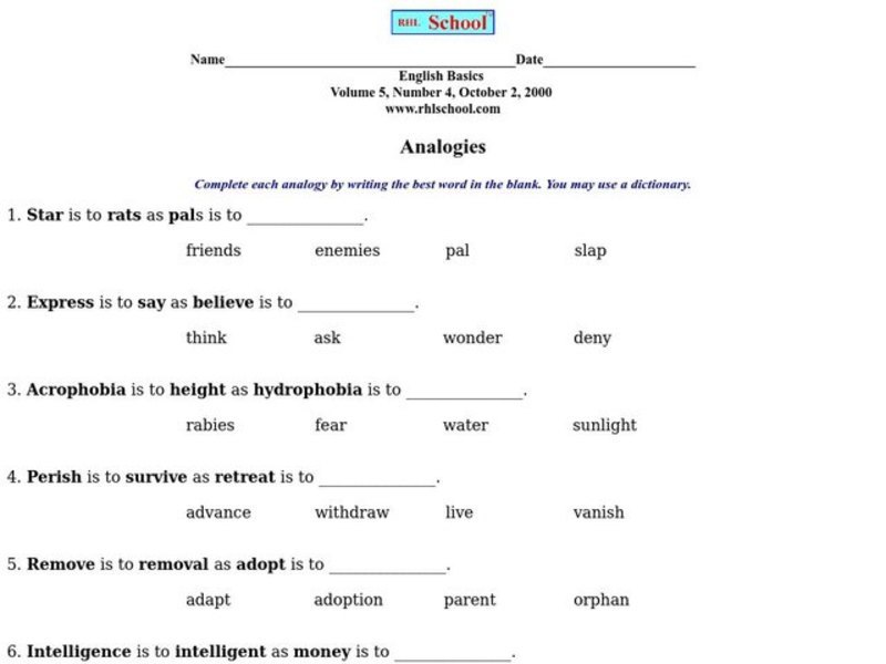 Analogies Worksheet
