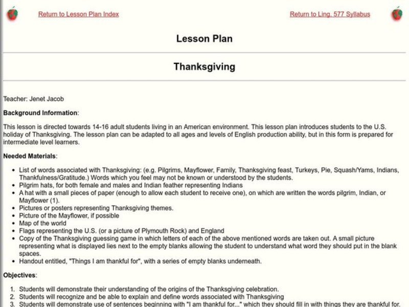 Thanksgiving Lesson Plan