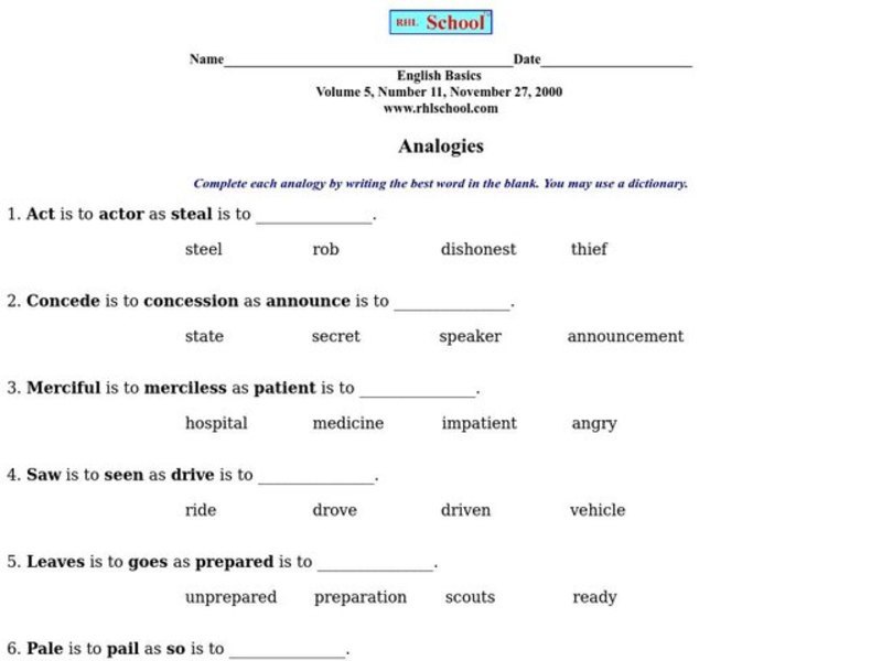 Analogies Worksheet